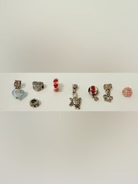 Silver Charm Bracelet Beads with Red, Pink and Light Blue Accents